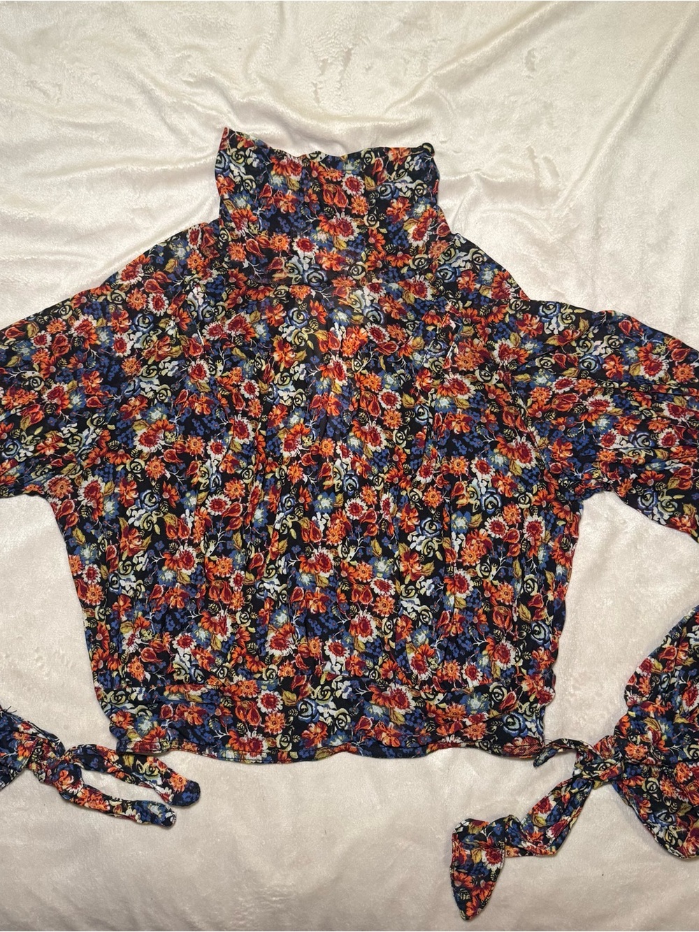 Free People Navy Floral High-Neck Tie-Sleeve Top